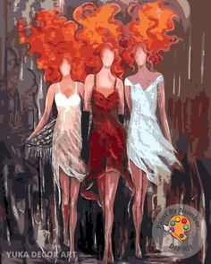 three women with red hair are standing in the rain, one is wearing a white dress