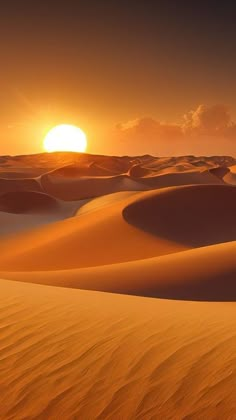 the sun is setting over sand dunes in the middle of the desert with no people