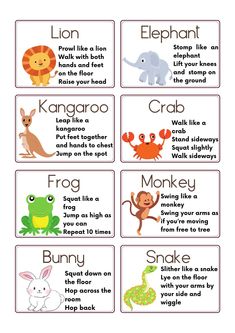 the animals and their names are shown in this printable flashcard for kids to learn