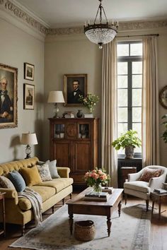 a living room with couches, chairs and pictures on the wall in front of a window