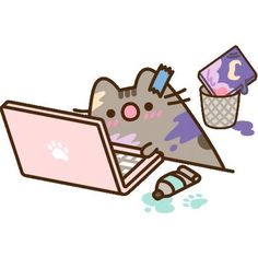 a cat laying on top of a laptop computer next to an icecream cup