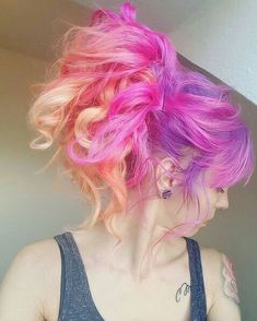 pastel colorful hair Pastel Sunset Hair, Purple Pink Orange Hair, Sunset Hair Dye, Funky Summer Hair Color, Pink And Rainbow Hair, Bright Hair Dye Ideas, Peach And Purple Hair, Peach And Pink Hair, Pink Rainbow Hair