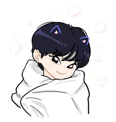 an anime character with black hair wearing a white hoodie and cat ears on his head