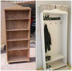 the before and after pictures show how to make a coat rack out of an old bookcase