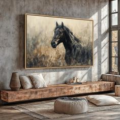 a horse is standing in the middle of a room with a large painting on the wall