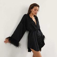 Black Satin Kimono Robe | Eiyo Kimono Women Robe, Mini Dress Long Sleeve, Satin Kimono, Silk Cardigan, Black Bride, Satin Long Sleeve, Full Dress, Women's Robe, Mini Robes