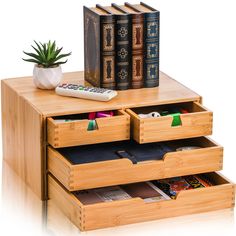 PRICES MAY VARY. Our tabletop organizer with 4 drawers is made of high-end sustainable natural bamboo with smooth beautiful finished surface, non-toxic and odor-free, eco-friendly and safe to use, structure cute and stable. The classic natural color makes it the elegant decor for any space This 3-layer bamboo desktop organizer cabinet measures approx. 13.8" L x 10.6" W x 7.2" H. Features 4 drawers in total to maximize space: 2 large wide drawers, 2 small drawers, approx. 2" deep. The distinctive Drawers For Makeup, Bamboo Countertop, Bamboo Desk, Home Office Supplies, Bamboo Storage, Desktop Drawers, Bamboo Table, Cabinet Boxes, Office Supply Organization