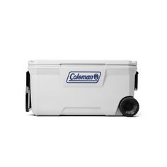 a white cooler with the word coleman on it's side and wheels in front