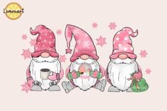 three gnomes sitting next to each other with pink snowflakes on the background