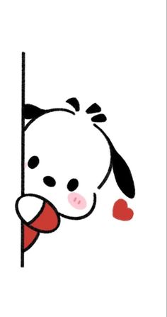 a drawing of a dog peeking out from behind a pole with a heart in its mouth