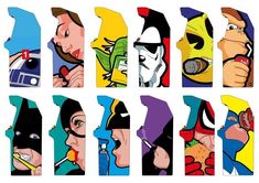 an assortment of cartoon characters are depicted in this graphic art work, including the faces of men and women with different facial expressions