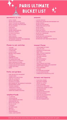 the paris ultimate bucket list is shown in pink with white stars and text on it