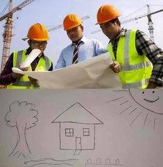 three men in hard hats and safety vests are looking at a blueprint with a house drawn on it