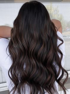 Dark Highlights For Brown Hair, Carmel Balayage Black Hair, Caramel Highlights On Black Hair Indian, Dark Brown Almost Black Hair With Highlights, Dark Brown Hair With Coffee Highlights, Black Hair Burgundy Balayage, Black Roots Hair Color Ideas, Espresso Hair With Highlights