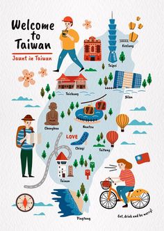 an illustrated map of taiwan with people on bikes