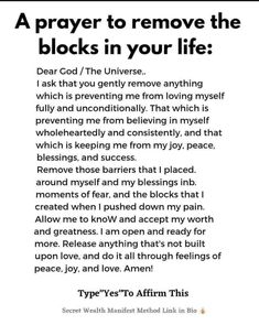 a poem written in black and white with the words prayer to remove the blocks in your life