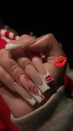 #valentinesdaynails #xoxo #nails Bunny Xo Nails, Kiss Me Nails, Lip Acrylic Nails, Xoxo Nail Art, White French Tip Red Bottom Nails, Kisses On Nails, Vday Nails With Initial, Nails With Bf Name, I Heart Nails