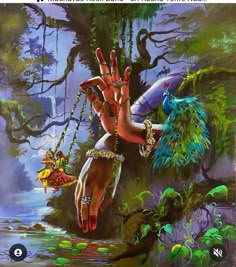 a painting of a hand reaching out from the water with two peacocks on it