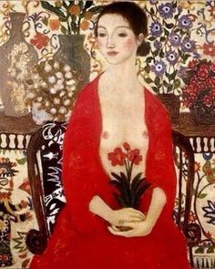 a painting of a woman in a red dress