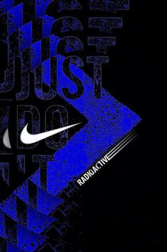 the nike just do it logo is shown in blue and white on a black background