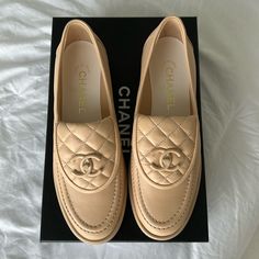 Bnib Never Worn. Will Come With Box And Dust Bags. Also Listed On E Bay For Less Chanel Slingback Flats, Tan Loafer, Chanel Ballerina Flats, Chanel Loafers, Metallic Ballet Flats, Chanel Espadrilles, Chanel Slingback, Chanel Beige, Buckle Loafers