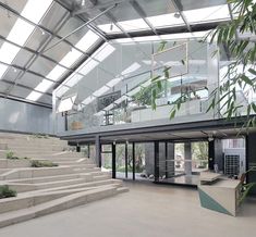 the interior of a modern house with concrete steps and glass railings leading up to the second floor