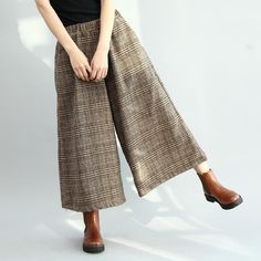 Winter Elastic Waist Plaid Wide Leg Pants Winter Typ, Fall Pants, Cropped Wide Leg Pants, Wide Leg Linen Pants, Elastic Waist Pants, Pantalon Large, Plaid Skirts, Mode Inspiration, Waist Pants