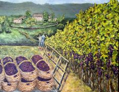 an oil painting of baskets and grapes in front of a vineyard