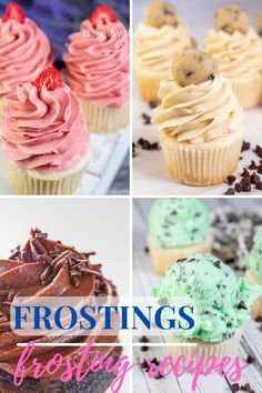 four different frosted cupcakes with the words frosting on top and bottom