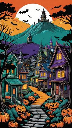 a halloween scene with pumpkins on the ground and a castle in the sky above