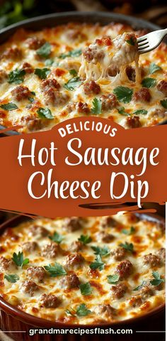 delicious hot sausage cheese dip recipe in a casserole dish