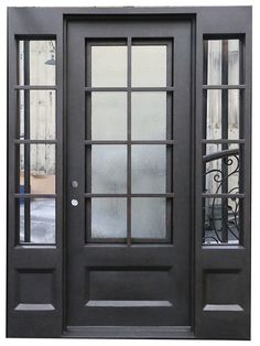 a black double door with glass panels