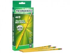 four yellow pencils sitting in front of a green box with the words, world's best pencil