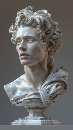 a white marble bust of a man with curly hair