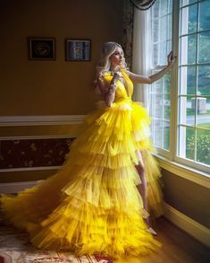 YELLOW Ombre Large Ruffled Tulle Skirt With a Embellished | Etsy Dior Wedding, Pleats Fashion, Tulle Ruffles, Cheap Prom Dresses Long, Yellow Gown, Rent Dresses, Bespoke Wedding Dress, Dresses Tulle, Afrikaanse Mode