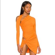 Size Xs Worn Once Orange Knee-length Mini Dress For Evening, Orange Bodycon Mini Dress For Evening, Orange Long Sleeve Mini Dress For Evening, Twisted Skirt, Elegant Mini Dress, Shoulder Cut, Crop Top Blouse, Revolve Clothing, Cutout Dress