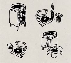 an old record player, potted plant and other items are drawn in black ink