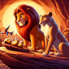 the lion king and his cubs are sitting together