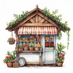 a watercolor drawing of a flower shop with potted plants and flowers on display