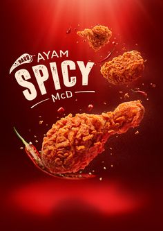 an advertisement for spicy mcd with fried food flying through the air and splashing on it