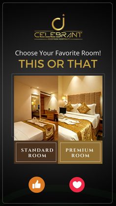 a hotel room with two beds and the words choose your favorite room this or that