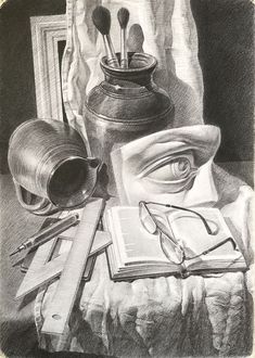 a drawing of a person's face with books and eyeglasses on the table