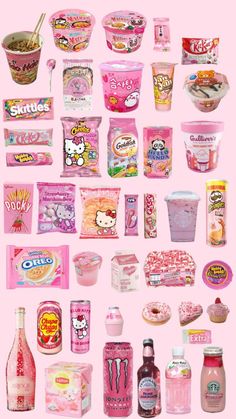 an assortment of food and drinks on a pink background