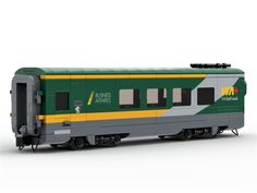 a green and yellow train car is shown on a white background with no people around it