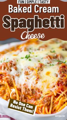 a plate of baked cream spaghetti with cheese on top and the words, fun simple tasty