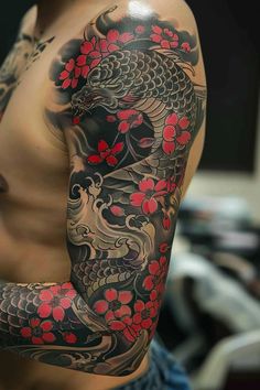 The Charm and Symbolism of Cherry Blossom-Inspired Yakuza Tattoos Half Sleeve Tattoos For Men Upper Arm Japanese, Mens Half Sleeve Tattoo Upper Arm, Yakuza Tattoo Sleeve, Yakuza Back Tattoo, Yakuza Tattoo Men, Dragon Tattoo Full Sleeve, Cherry Blossom Tattoo Men