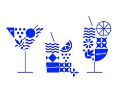 three different types of blue and white designs on a white background, each with an orange slice in the center