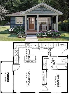 the floor plan for a small house with two rooms and an attached porch is shown