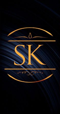 the sk logo is shown on a dark background with gold and black lines in the center