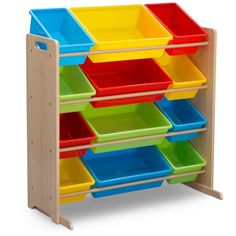 a toy storage rack with lots of bins on the top and bottom shelves in different colors